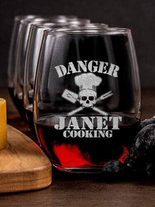 Cooking Danger : Cheese Board Wine Glass Gift Sets - Engraved