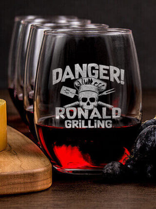 Danger Grilling : Cheese Board Wine Glass Gift Sets - Engraved