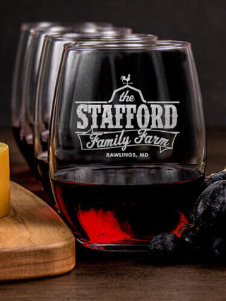 Family Farm : Cheese Board Wine Glass Gift Sets - Engraved