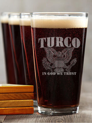 In God We Trust : 4 Pint Glasses - Engraved 4 Coasters Gift Set