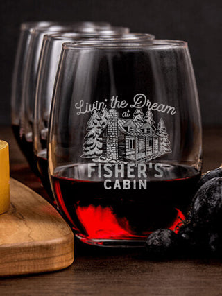 Livin' The Dream Cabin : Cheese Board Wine Glass Gift Sets - Engraved
