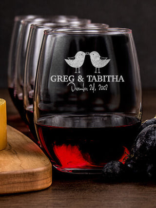 Love Birds : Cheese Board Wine Glass Gift Sets - Engraved