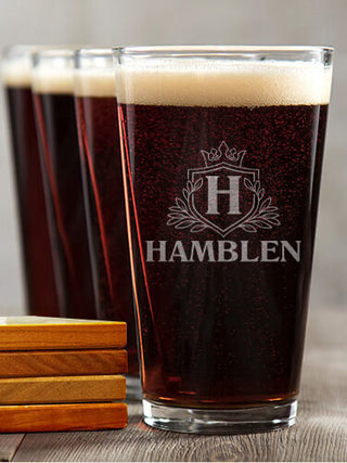 Regal Monogram : 4 Pint Glasses - Engraved 4 Coasters Gift Set
