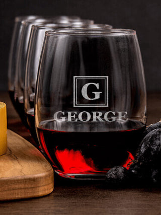 Square Monogram : Cheese Board Wine Glass Gift Sets - Engraved