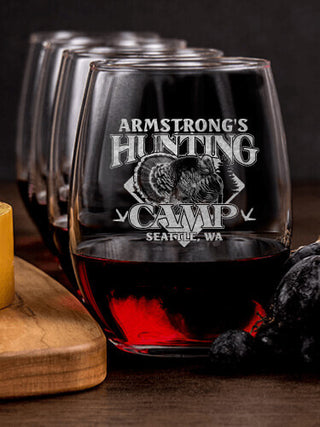 Turkey Hunting Camp : Cheese Board Wine Glass Gift Sets - Engraved