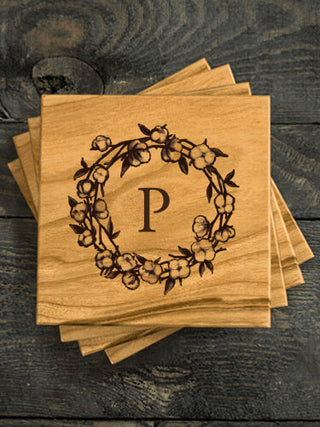 Cotton Wreath Monogram : Coasters - Engraved