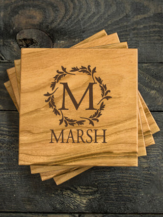 Wreath Monogram : Coasters - Engraved