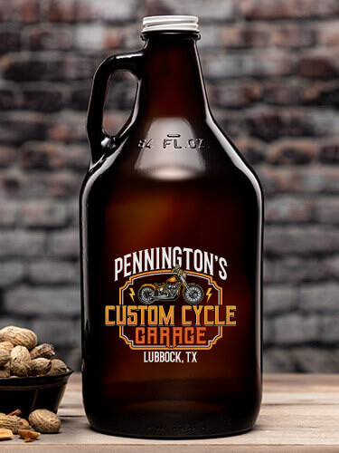 Custom Cycle Garage Amber Color Printed Growler