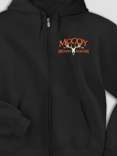 Archery Hunting Black Embroidered Zippered Hooded Sweatshirt