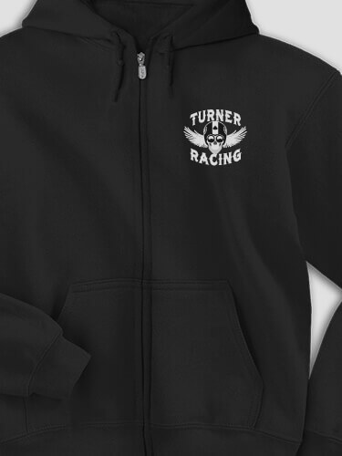 Racing Skull Black Embroidered Zippered Hooded Sweatshirt