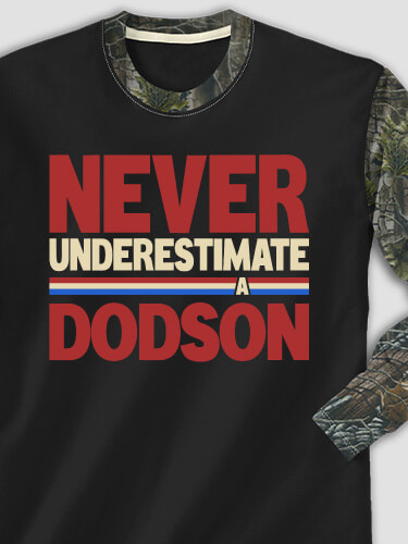 Never Underestimate Black/SFG Camo Adult 2-Tone Camo Long Sleeve T-Shirt