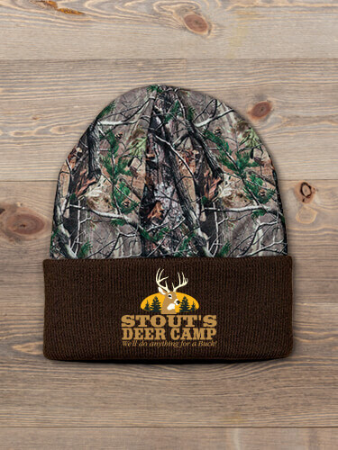 Deer Camp Brown/Camo Embroidered 2-Tone Camo Cuffed Beanie