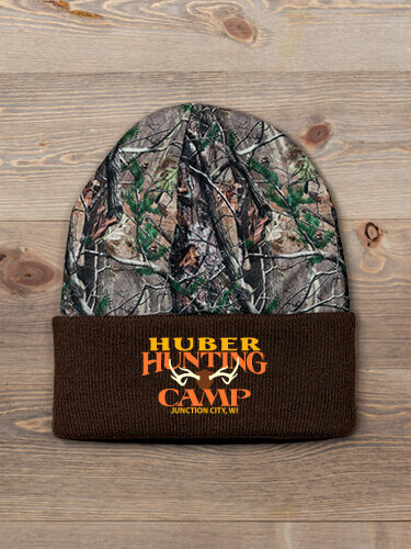 Deer Hunting Camp Brown/Camo Embroidered 2-Tone Camo Cuffed Beanie