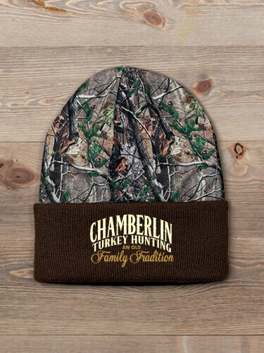 Turkey Hunting Family Tradition Brown/Camo Embroidered 2-Tone Camo Cuffed Beanie
