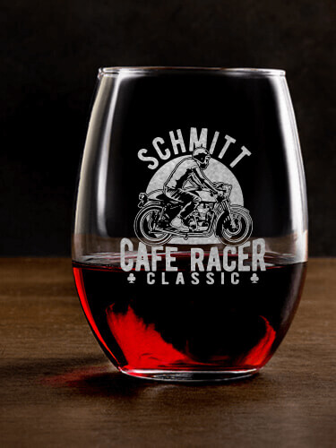 Cafe Racer Clear Stemless Wine Glass - Engraved (single)