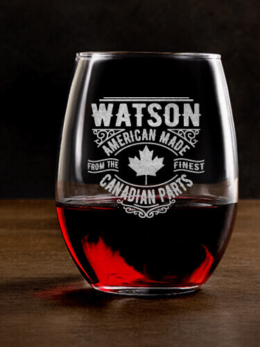 Canadian Parts Clear Stemless Wine Glass - Engraved (single)