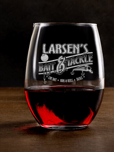 Classic Bait and Tackle Clear Stemless Wine Glass - Engraved (single)