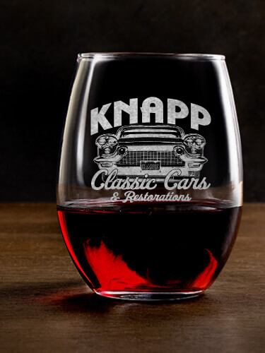 Classic Cars Clear Stemless Wine Glass - Engraved (single)