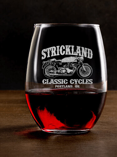 Classic Cycles Clear Stemless Wine Glass - Engraved (single)