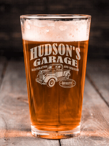 Classic Garage Clear Pint Glass - Engraved (single)