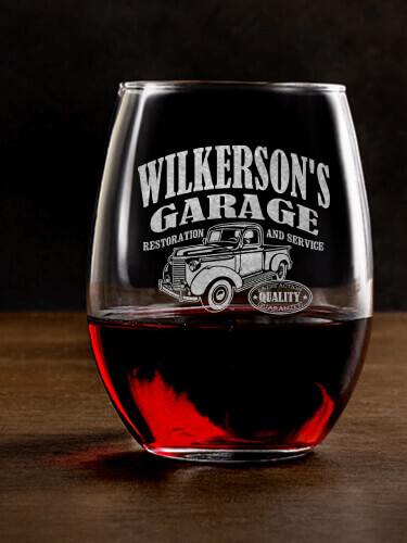 Classic Garage Clear Stemless Wine Glass - Engraved (single)