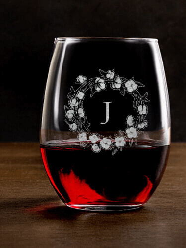 Cotton Wreath Monogram Clear Stemless Wine Glass - Engraved (single)