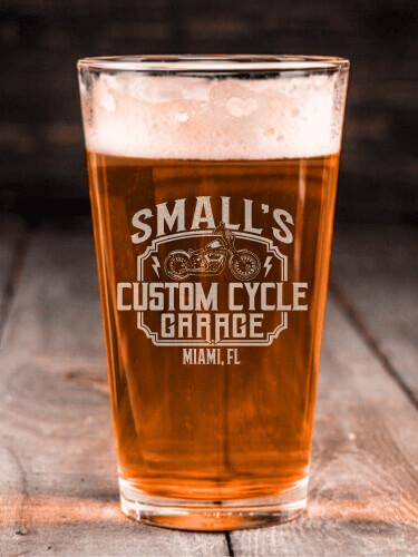 Custom Cycle Garage Clear Pint Glass - Engraved (single)