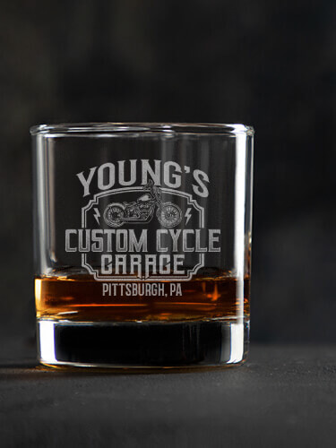 Custom Cycle Garage Clear Rocks Glass - Engraved (single)