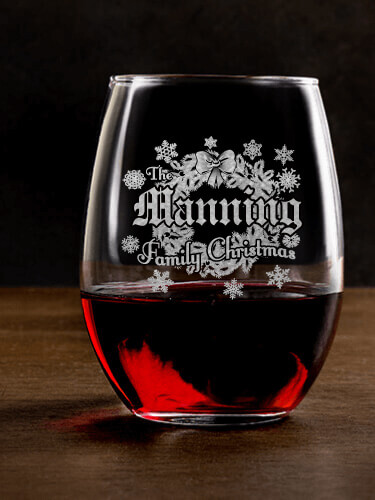 Family Christmas Clear Stemless Wine Glass - Engraved (single)