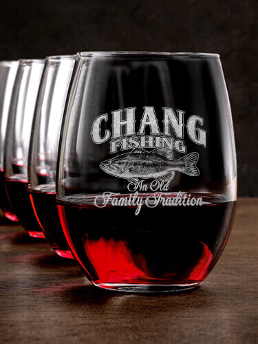 Fishing Family Tradition Clear Stemless Wine Glass - Engraved (set of 4)