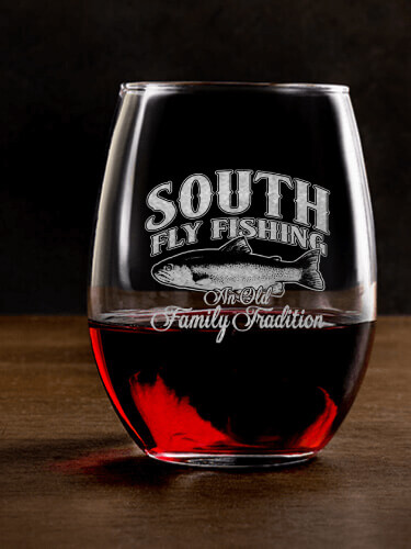 Fly Fishing Family Tradition Clear Stemless Wine Glass - Engraved (single)
