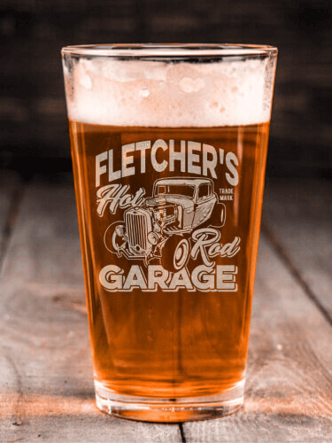 Hot Rod Garage Clear Pint Glass - Engraved (single)