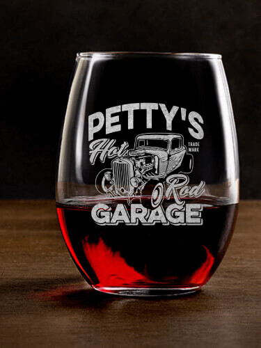 Hot Rod Garage Clear Stemless Wine Glass - Engraved (single)