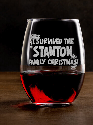 I Survived Christmas Clear Stemless Wine Glass - Engraved (single)