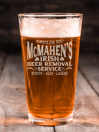 Irish Beer Removal Service Clear Pint Glass - Engraved (single)