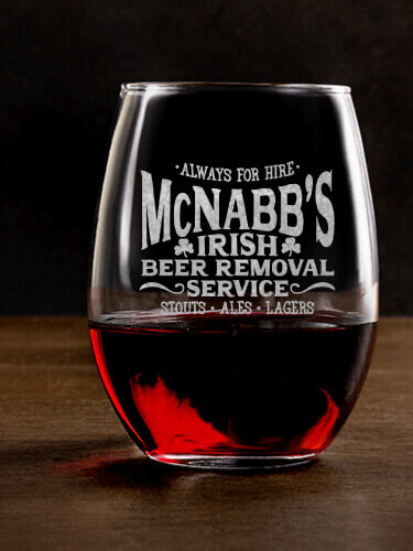 Irish Beer Removal Service Clear Stemless Wine Glass - Engraved (single)