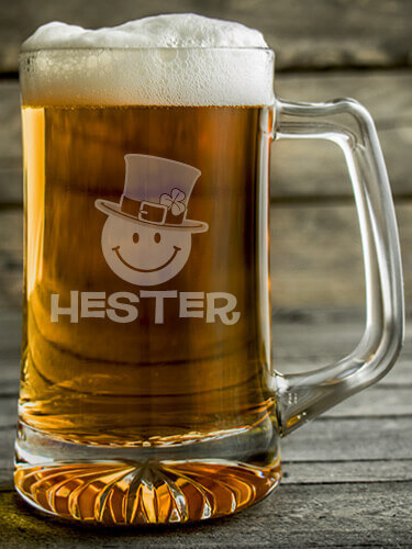 Irish Smiley Clear Beer Mug - Engraved