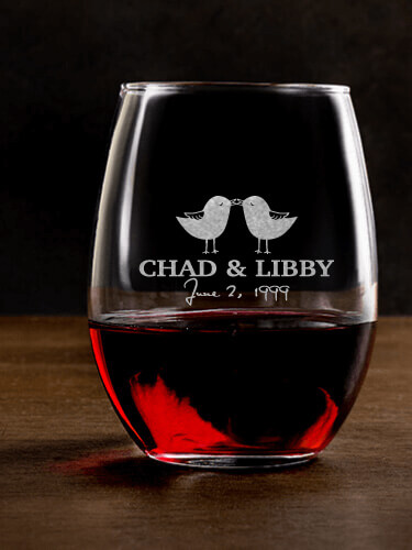 Love Birds Clear Stemless Wine Glass - Engraved (single)