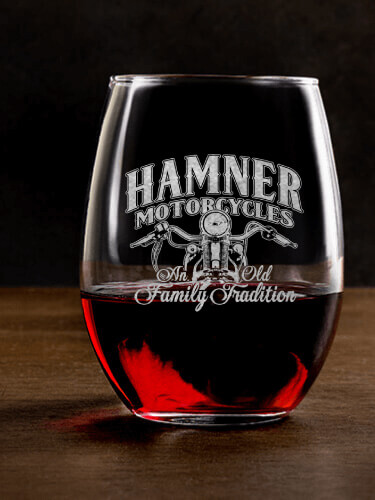 Motorcycle Family Tradition Clear Stemless Wine Glass - Engraved (single)