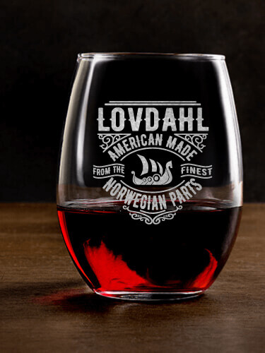 Norwegian Parts Clear Stemless Wine Glass - Engraved (single)