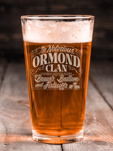 Notorious Clan Clear Pint Glass - Engraved (single)