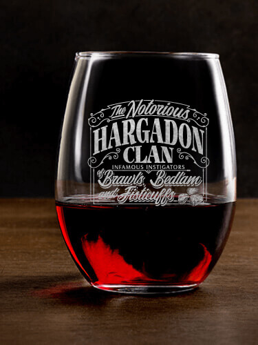 Notorious Clan Clear Stemless Wine Glass - Engraved (single)