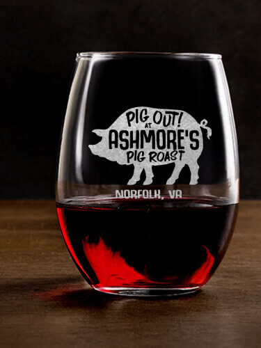 Pig Roast Clear Stemless Wine Glass - Engraved (single)