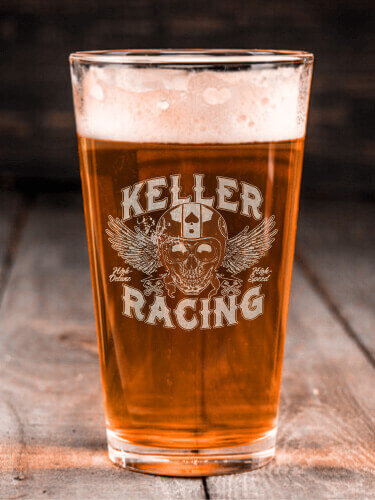 Racing Skull Clear Pint Glass - Engraved (single)