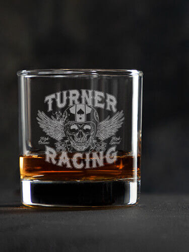 Racing Skull Clear Rocks Glass - Engraved (single)