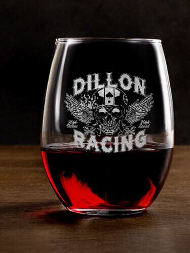 Racing Skull Clear Stemless Wine Glass - Engraved (single)