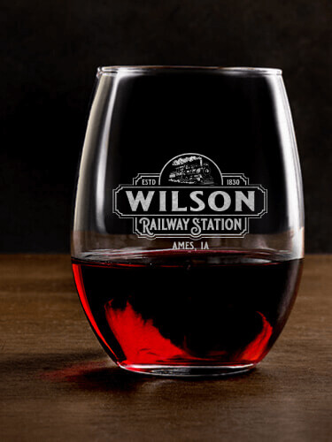 Railway Station Clear Stemless Wine Glass - Engraved (single)