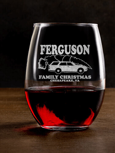 Retro Family Christmas Clear Stemless Wine Glass - Engraved (single)