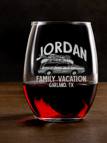 Retro Family Vacation Clear Stemless Wine Glass - Engraved (single)