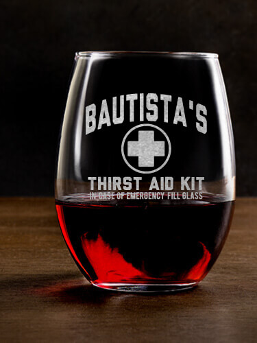 Thirst Aid Kit Clear Stemless Wine Glass - Engraved (single)
